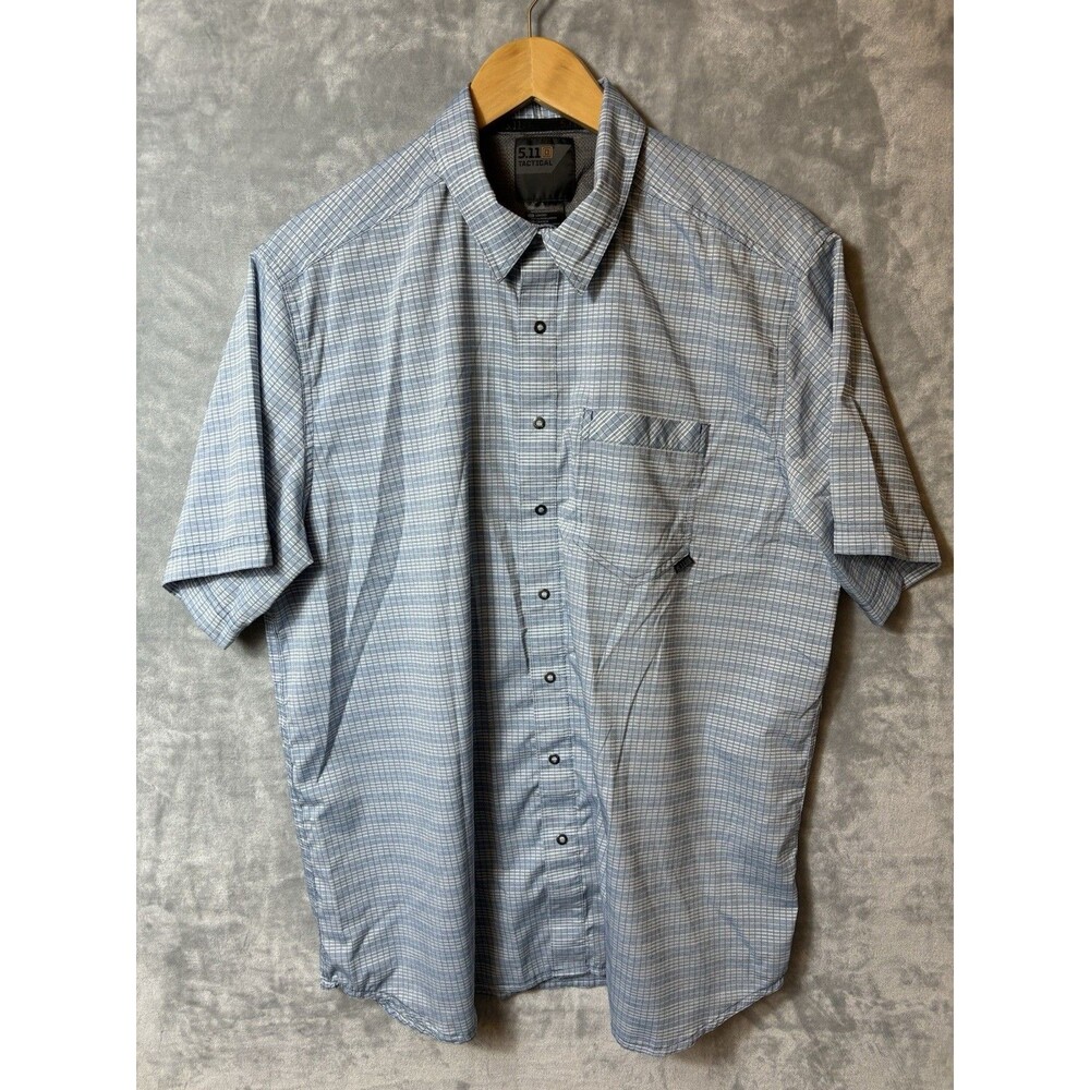 511 Tactical Mens Shirt Size L Blue Checked Short Sleeve Snap Front Outdoor